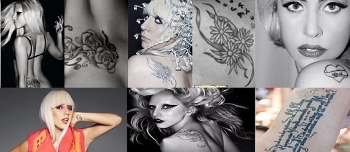 A picture of 6 tattoos of Lady Gaga.